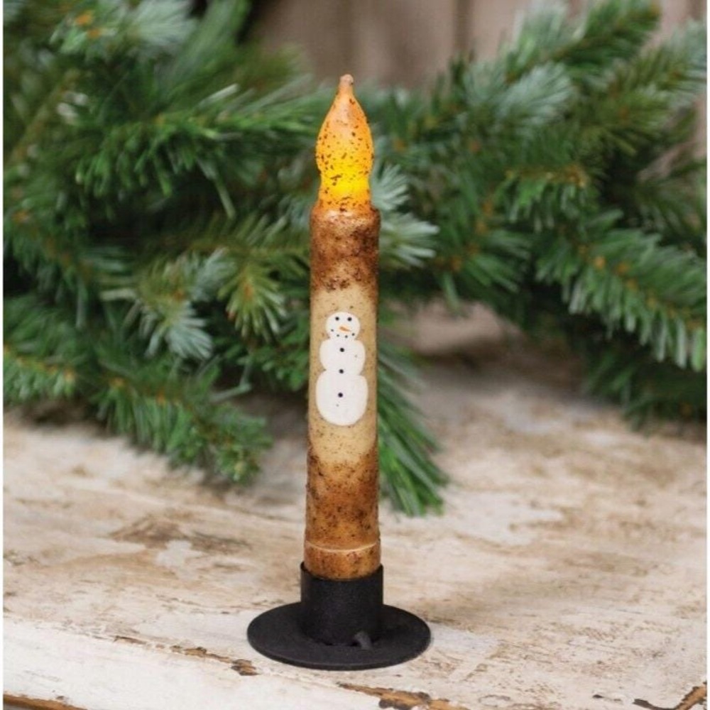 NEW Primitive Christmas SNOWMAN LED Timer Taper Candle Grungy Cream‎ 6.5"